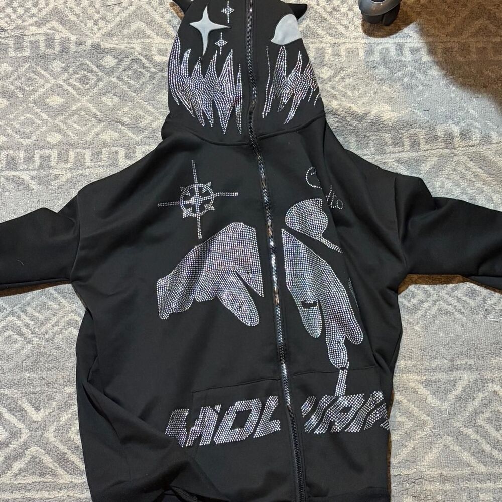 Black Y2K Rhinestone Zip Up Hoodie